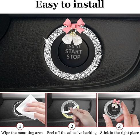 Hovom Cute Bow Bling Car Push Start Button Decoration Ring, Crystal Rhinestone Engine Start Button Cover, Push to Start Sticker Car Decoration, Automotive Key Ignition & Knob Bling Ring (White) in Saudi Arabia