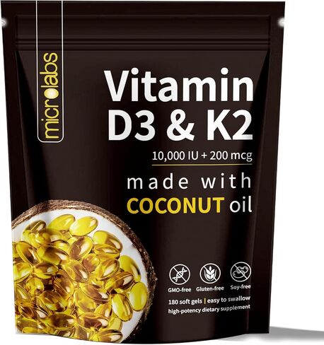 D3 K2, Vitamin D3 K2 Supplement Softgels, 2-in-1 Vitamin D3 K2 Supplement Softgel, 10000 Iu VIT D3 + 200 Mcg Vitamin K2, 300 Softgels/Pack (180) in Saudi Arabia