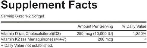 D3 K2, Vitamin D3 K2 Supplement Softgels, 2-in-1 Vitamin D3 K2 Supplement Softgel, 10000 Iu VIT D3 + 200 Mcg Vitamin K2, 300 Softgels/Pack (180) in Saudi Arabia