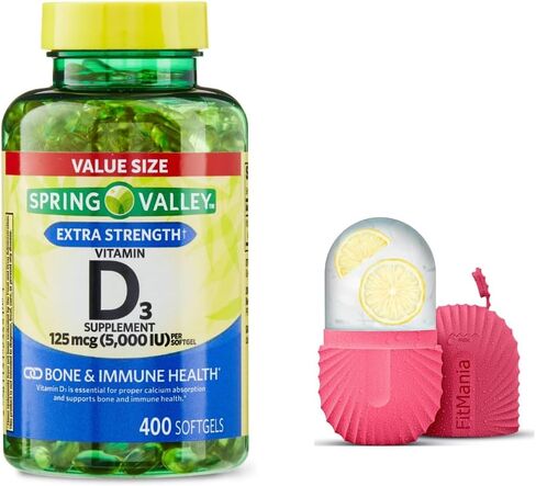 فيتامين D3 Spring Valley Softgels ، 125 MCG لكل softgel ، 5000 وحدة دولية ، 400 عدد ، وهدية الثلج الأسطوانة للوجه in Saudi Arabia
