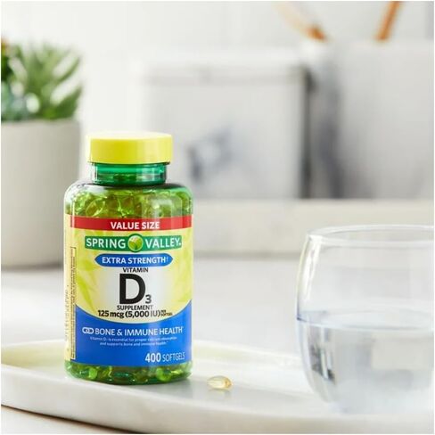 فيتامين D3 Spring Valley Softgels ، 125 MCG لكل softgel ، 5000 وحدة دولية ، 400 عدد ، وهدية الثلج الأسطوانة للوجه in Saudi Arabia