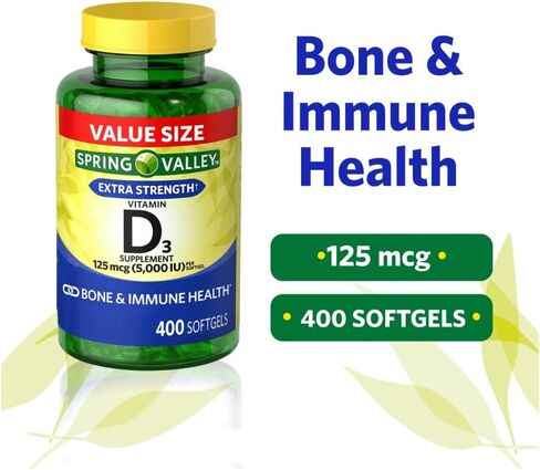 فيتامين D3 Spring Valley Softgels ، 125 MCG لكل softgel ، 5000 وحدة دولية ، 400 عدد ، وهدية الثلج الأسطوانة للوجه in Saudi Arabia