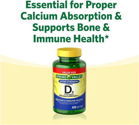 فيتامين D3 Spring Valley Softgels ، 125 MCG لكل softgel ، 5000 وحدة دولية ، 400 عدد ، وهدية الثلج الأسطوانة للوجه in Saudi Arabia