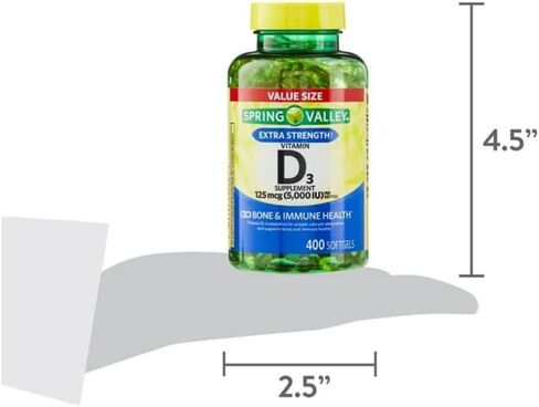 فيتامين D3 Spring Valley Softgels ، 125 MCG لكل softgel ، 5000 وحدة دولية ، 400 عدد ، وهدية الثلج الأسطوانة للوجه in Saudi Arabia