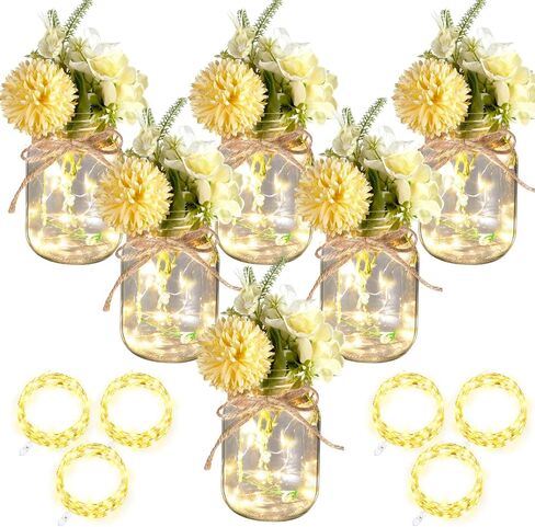 Chunful 6 Pcs Glass Mason Jar with LED Lights for Table Centerpiece Decorations Set Clear Rustic Farmhouse Coffee Table Decor with LED Lights for Wedding Dining Room Kitchen Decor in Saudi Arabia
