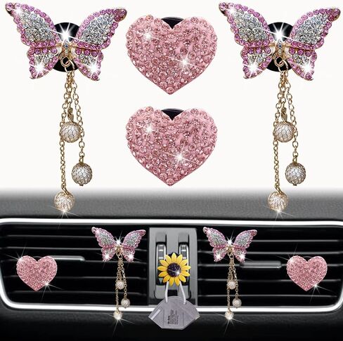 Pink Heart & Butterfly Pandent Air Vent Clips ، 4 pcs bling Heart Air Criteners Clips Diamond Car Interior Decor in Saudi Arabia