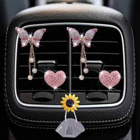 Pink Heart & Butterfly Pandent Air Vent Clips ، 4 pcs bling Heart Air Criteners Clips Diamond Car Interior Decor in Saudi Arabia