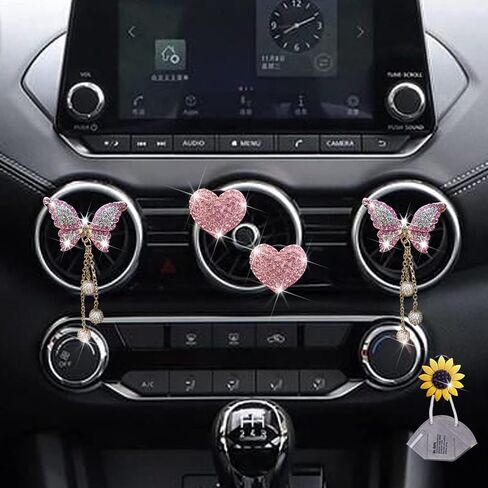 Pink Heart & Butterfly Pandent Air Vent Clips ، 4 pcs bling Heart Air Criteners Clips Diamond Car Interior Decor in Saudi Arabia
