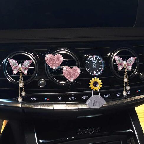Pink Heart & Butterfly Pandent Air Vent Clips ، 4 pcs bling Heart Air Criteners Clips Diamond Car Interior Decor in Saudi Arabia