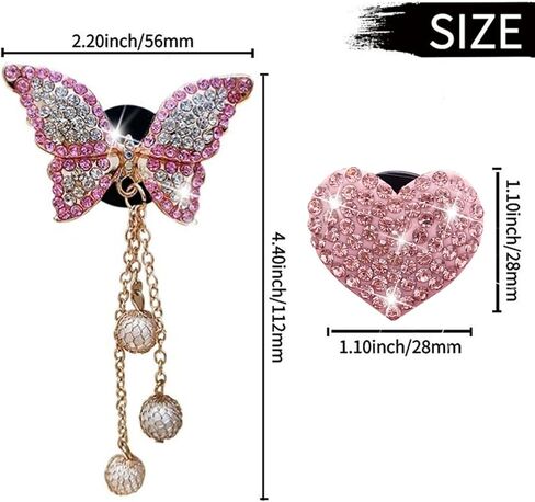 Pink Heart & Butterfly Pandent Air Vent Clips ، 4 pcs bling Heart Air Criteners Clips Diamond Car Interior Decor in Saudi Arabia