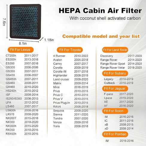 CF10285 CP285 مرشح هواء المقصورة مع الكربون المنشط ، متوافق مع تويوتا كامري ، RAV4 ، هايلاندر ، كورولا ، 4runner ، سيينا ، التندرا ، بريوس ، لكزس ، سوبارو أوتاك ، سليل ، لاند روفر ، جاكوار ، بونتاك in Saudi Arabia