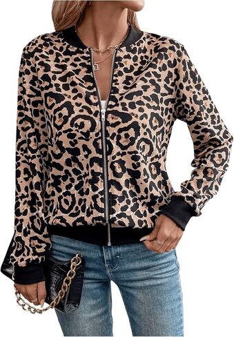 SweatyRocks Women’s Leopard Jacket stack stup up up long sleve bomber stable outwear in Saudi Arabia