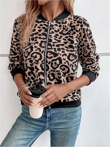SweatyRocks Women’s Leopard Jacket stack stup up up long sleve bomber stable outwear in Saudi Arabia