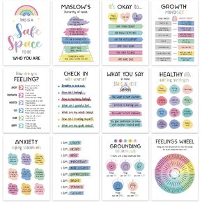 12 Pcs Mental Health Posters - Mental Health Awareness Items, Therapy Office Decor, Counseling Office Must Haves, School Counselor Inspirational Positive Poster, Mental Health Gifts (Laminated Posters-10"x14") in Kuwait