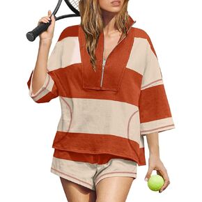 يايمون النسائية المخططين لقطعة تمرين مجموعة غير رسمية نصف zip pullover أعلى والملابس القصيرة مع جيوب in Kuwait