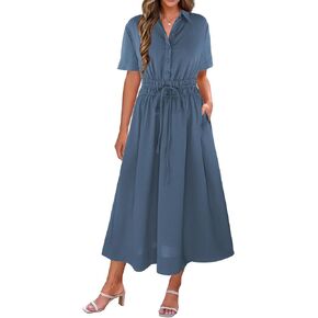 ECOWISH Womens Midi Dress Summer Spring Short Sleeve Button Front Casual A Line Maxi Shirt Dresses with V Neck Pockets 2025 in Saudi Arabia