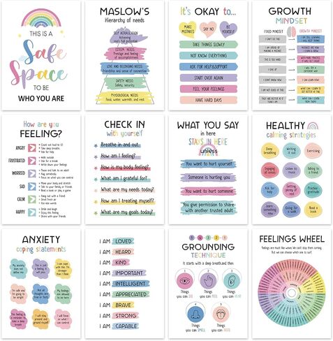 12 Pcs Mental Health Posters - Mental Health Awareness Items, Therapy Office Decor, Counseling Office Must Haves, School Counselor Inspirational Positive Poster, Mental Health Gifts (Laminated Posters-10"x14") in Kuwait