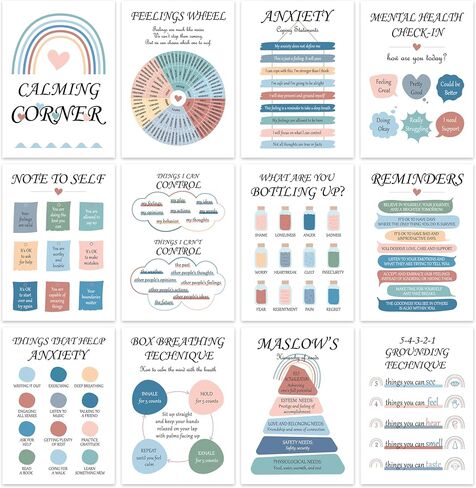 12 Pcs Mental Health Posters - Mental Health Awareness Items, Therapy Office Decor, Counseling Office Must Haves, School Counselor Inspirational Positive Poster, Mental Health Gifts (Laminated Posters-10"x14") in Kuwait