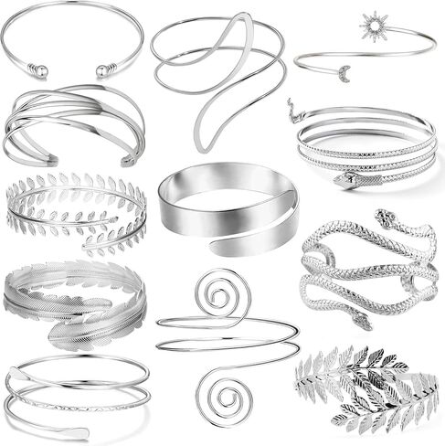 12 Pcs Arm Cuff Bracelets for Women Boho Upper Arm Bands Leather Armband Armlet Feather Cuff Bangle Bracelet Open Gold Arm Cuffs Set in Saudi Arabia