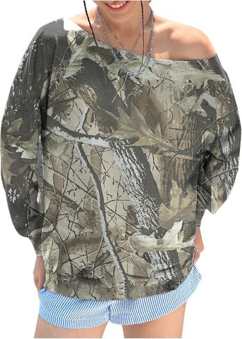 MakeMeChic Women's Camo Off The Shoulder Tee Shirt Long Sleeve Oversized Streetwear Tops in Saudi Arabia