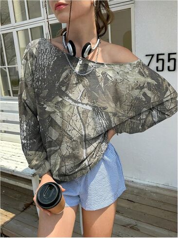 MakeMeChic Women's Camo Off The Shoulder Tee Shirt Long Sleeve Oversized Streetwear Tops in Saudi Arabia