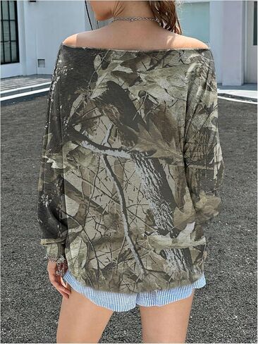 MakeMeChic Women's Camo Off The Shoulder Tee Shirt Long Sleeve Oversized Streetwear Tops in Saudi Arabia
