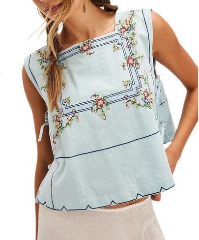 Babydoll Tie Front Tank Tops Women Sleeveless Crop Vest Floral Embroidered Sexy Y2k Bow Going Out Shirt in Kuwait