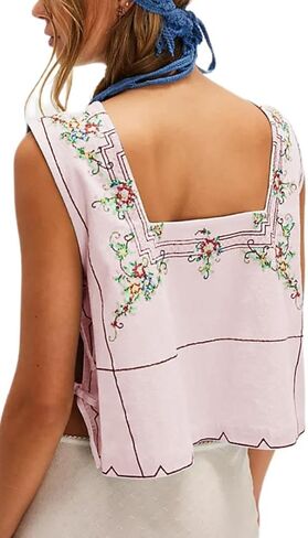 Babydoll Tie Front Tank Tops Women Sleeveless Crop Vest Floral Embroidered Sexy Y2k Bow Going Out Shirt in Kuwait