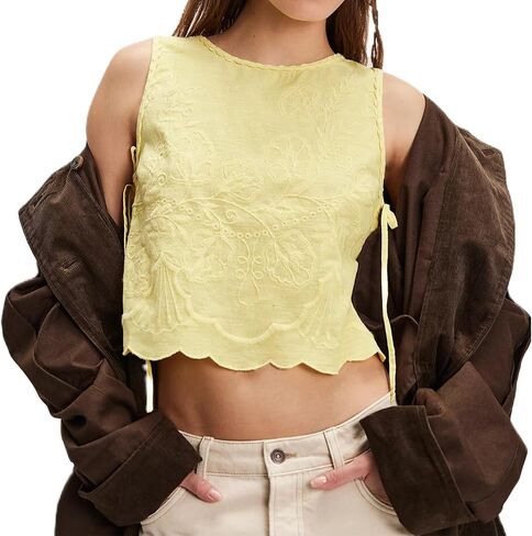 Babydoll Tie Front Tank Tops Women Sleeveless Crop Vest Floral Embroidered Sexy Y2k Bow Going Out Shirt in Kuwait