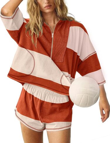 يايمون النسائية المخططين لقطعة تمرين مجموعة غير رسمية نصف zip pullover أعلى والملابس القصيرة مع جيوب in Kuwait