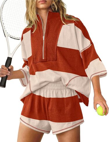 يايمون النسائية المخططين لقطعة تمرين مجموعة غير رسمية نصف zip pullover أعلى والملابس القصيرة مع جيوب in Kuwait