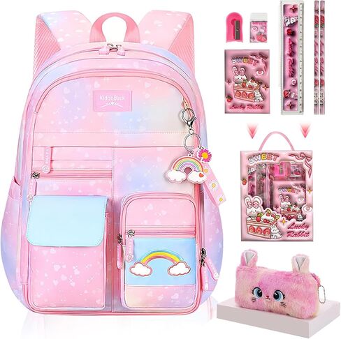Kawaii Rainbow Backpack for Girls – Cute Starry School Bags for Kids & Teens with Plush Pen Case & 6-Piece Study Supplies Set, Children's Bookbag for Elementary – Pink 17inch in Saudi Arabia