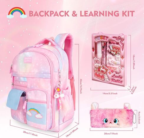 Kawaii Rainbow Backpack for Girls – Cute Starry School Bags for Kids & Teens with Plush Pen Case & 6-Piece Study Supplies Set, Children's Bookbag for Elementary – Pink 17inch in Saudi Arabia