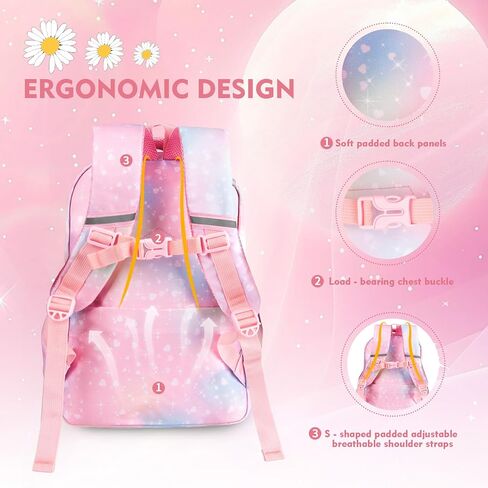 Kawaii Rainbow Backpack for Girls – Cute Starry School Bags for Kids & Teens with Plush Pen Case & 6-Piece Study Supplies Set, Children's Bookbag for Elementary – Pink 17inch in Saudi Arabia