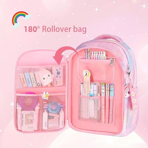 Kawaii Rainbow Backpack for Girls – Cute Starry School Bags for Kids & Teens with Plush Pen Case & 6-Piece Study Supplies Set, Children's Bookbag for Elementary – Pink 17inch in Saudi Arabia