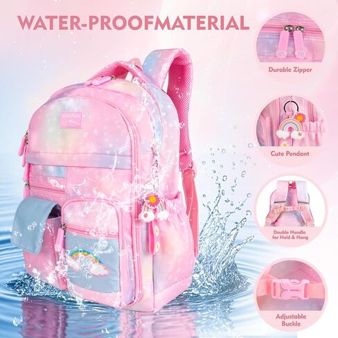 Kawaii Rainbow Backpack for Girls – Cute Starry School Bags for Kids & Teens with Plush Pen Case & 6-Piece Study Supplies Set, Children's Bookbag for Elementary – Pink 17inch in Saudi Arabia