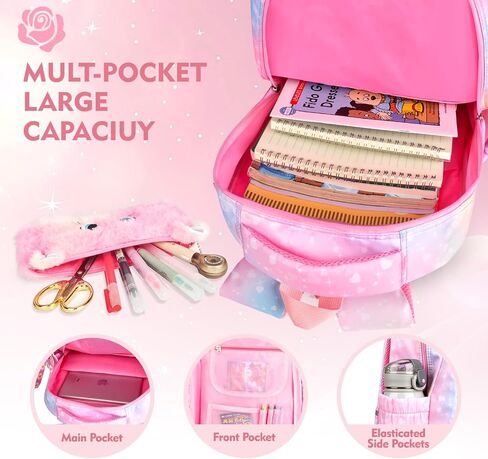 Kawaii Rainbow Backpack for Girls – Cute Starry School Bags for Kids & Teens with Plush Pen Case & 6-Piece Study Supplies Set, Children's Bookbag for Elementary – Pink 17inch in Saudi Arabia
