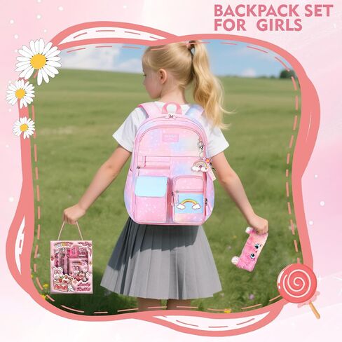 Kawaii Rainbow Backpack for Girls – Cute Starry School Bags for Kids & Teens with Plush Pen Case & 6-Piece Study Supplies Set, Children's Bookbag for Elementary – Pink 17inch in Saudi Arabia