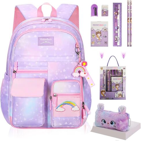 Kawaii Rainbow Backpack for Girls – Cute Starry School Bags for Kids & Teens with Plush Pen Case & 6-Piece Study Supplies Set, Children's Bookbag for Elementary – Pink 17inch in Saudi Arabia