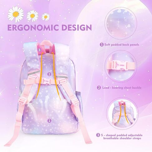 Kawaii Rainbow Backpack for Girls – Cute Starry School Bags for Kids & Teens with Plush Pen Case & 6-Piece Study Supplies Set, Children's Bookbag for Elementary – Pink 17inch in Saudi Arabia