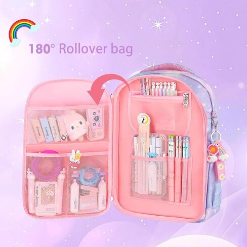 Kawaii Rainbow Backpack for Girls – Cute Starry School Bags for Kids & Teens with Plush Pen Case & 6-Piece Study Supplies Set, Children's Bookbag for Elementary – Pink 17inch in Saudi Arabia