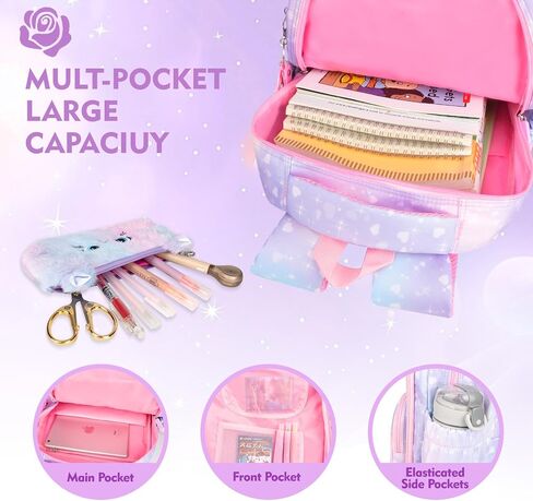 Kawaii Rainbow Backpack for Girls – Cute Starry School Bags for Kids & Teens with Plush Pen Case & 6-Piece Study Supplies Set, Children's Bookbag for Elementary – Pink 17inch in Saudi Arabia