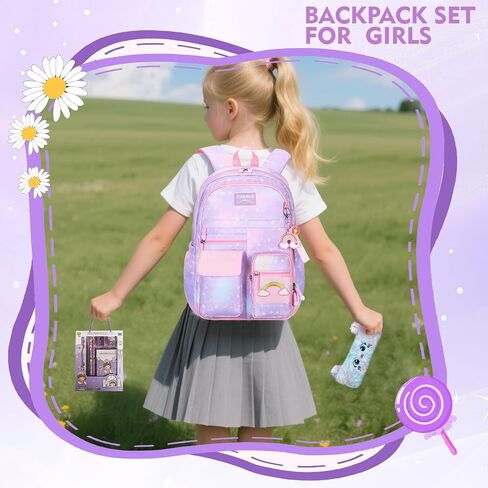 Kawaii Rainbow Backpack for Girls – Cute Starry School Bags for Kids & Teens with Plush Pen Case & 6-Piece Study Supplies Set, Children's Bookbag for Elementary – Pink 17inch in Saudi Arabia