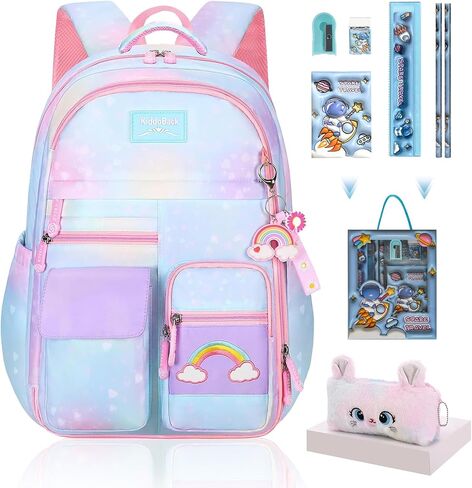Kawaii Rainbow Backpack for Girls – Cute Starry School Bags for Kids & Teens with Plush Pen Case & 6-Piece Study Supplies Set, Children's Bookbag for Elementary – Pink 17inch in Saudi Arabia