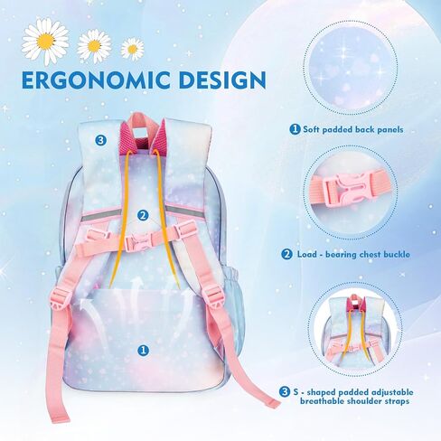 Kawaii Rainbow Backpack for Girls – Cute Starry School Bags for Kids & Teens with Plush Pen Case & 6-Piece Study Supplies Set, Children's Bookbag for Elementary – Pink 17inch in Saudi Arabia