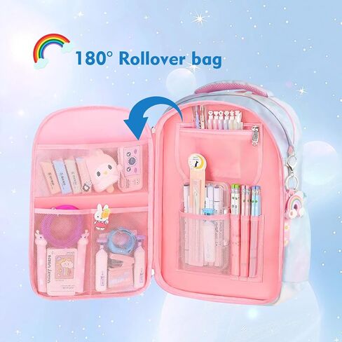 Kawaii Rainbow Backpack for Girls – Cute Starry School Bags for Kids & Teens with Plush Pen Case & 6-Piece Study Supplies Set, Children's Bookbag for Elementary – Pink 17inch in Saudi Arabia