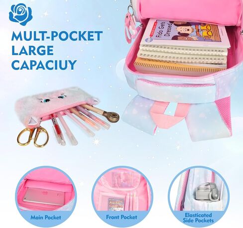 Kawaii Rainbow Backpack for Girls – Cute Starry School Bags for Kids & Teens with Plush Pen Case & 6-Piece Study Supplies Set, Children's Bookbag for Elementary – Pink 17inch in Saudi Arabia