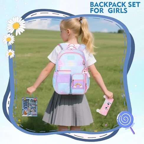 Kawaii Rainbow Backpack for Girls – Cute Starry School Bags for Kids & Teens with Plush Pen Case & 6-Piece Study Supplies Set, Children's Bookbag for Elementary – Pink 17inch in Saudi Arabia