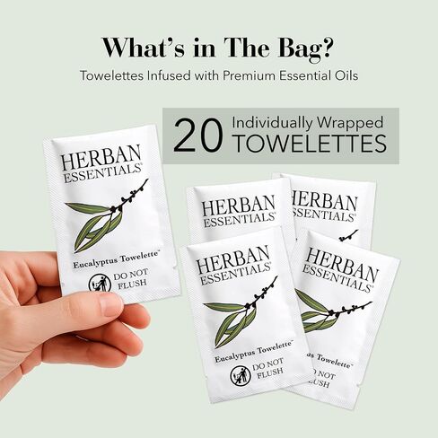 Herban Essentials Lemon Towelettes - Essential Oil Wipes for Hands, Travel Face Wipes - Natural Hand Wipes, Moist Towelettes Individually Wrapped Body Wipes - 20 Count in Saudi Arabia