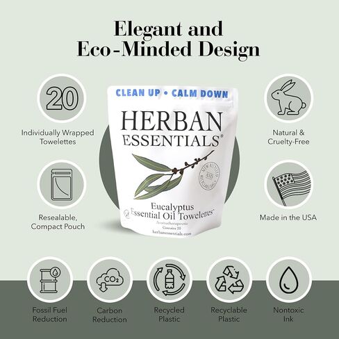 Herban Essentials Lemon Towelettes - Essential Oil Wipes for Hands, Travel Face Wipes - Natural Hand Wipes, Moist Towelettes Individually Wrapped Body Wipes - 20 Count in Saudi Arabia